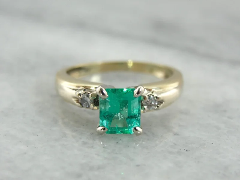 rose quartz engagement rings -Modern Emerald Engagement Ring with Accents Diamonds in Yellow Gold