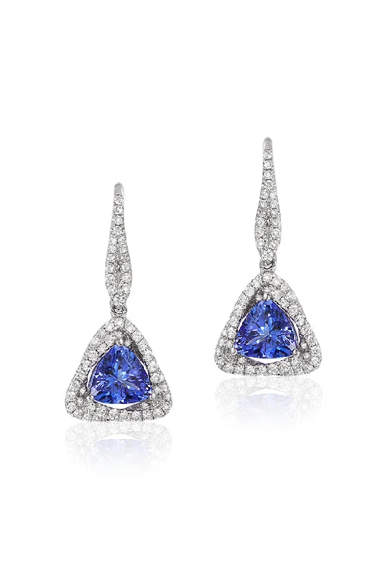 ladies earrings nickel free-14K White Gold Trillion Tanzanite and Diamond Earrings, 1.62 TCW