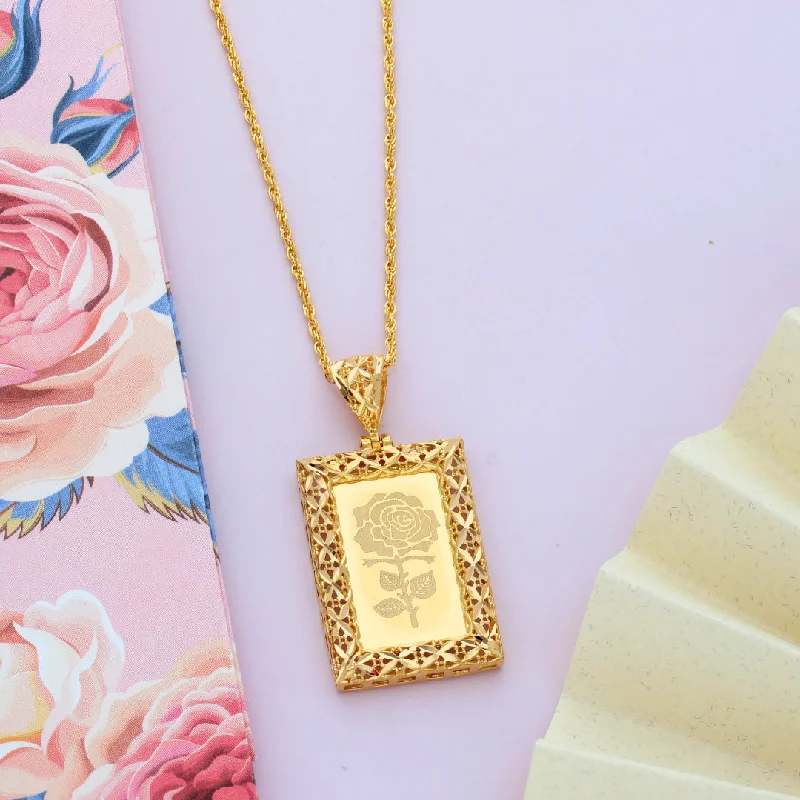 Ladies necklaces blush charm -Gold Necklace (Chain Rectangle Shaped Rose Frame Pendant) 21KT - FKJNKL21KM9617