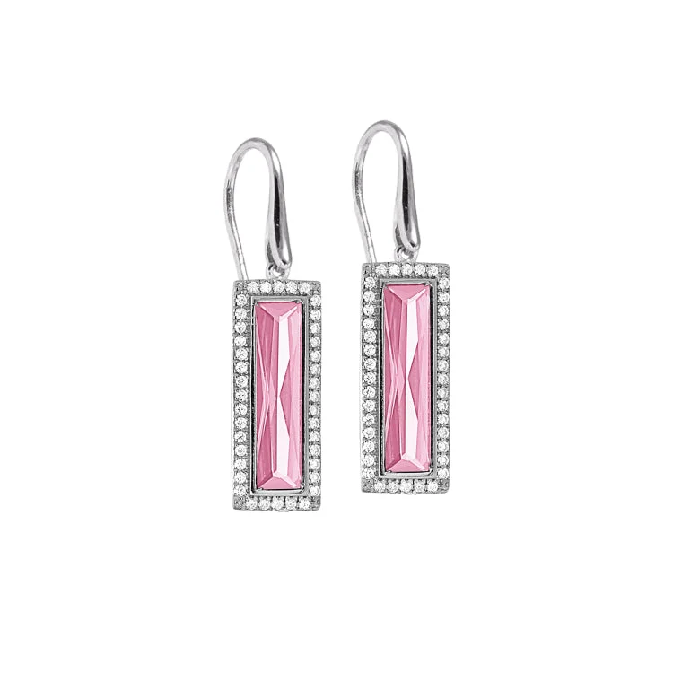 ladies earrings brushed-Rhodium Finish Sterling Silver Earrings with Rectangular Simulated Pink Sapphire Stones and Simulated Diamonds