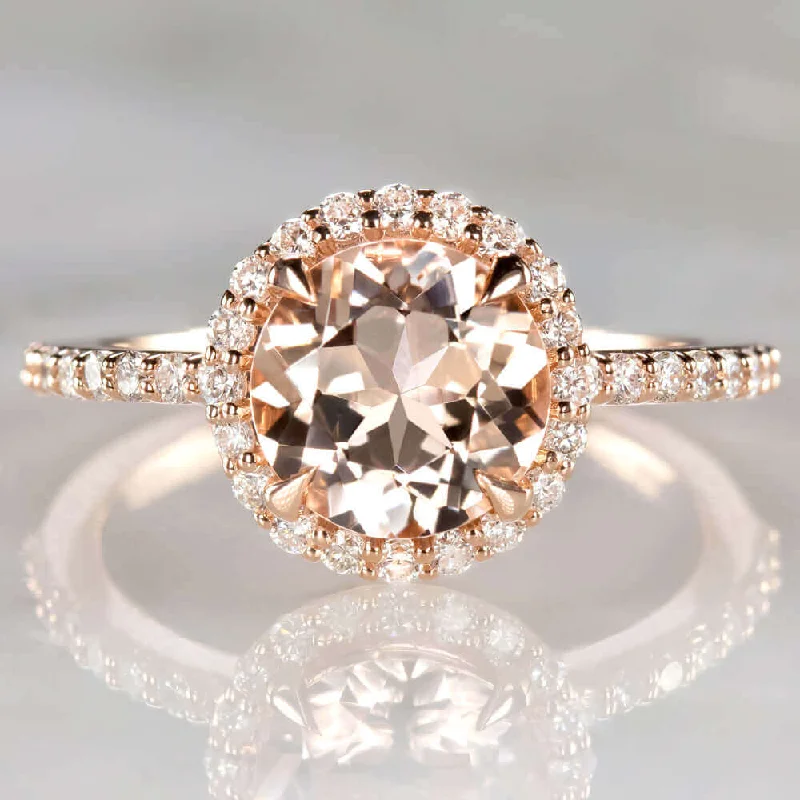 handmade engagement rings -8mm ROUND CUT MORGANITE 0.38ct DIAMOND HALO ENGAGEMENT RING ROSE GOLD PEACH PINK