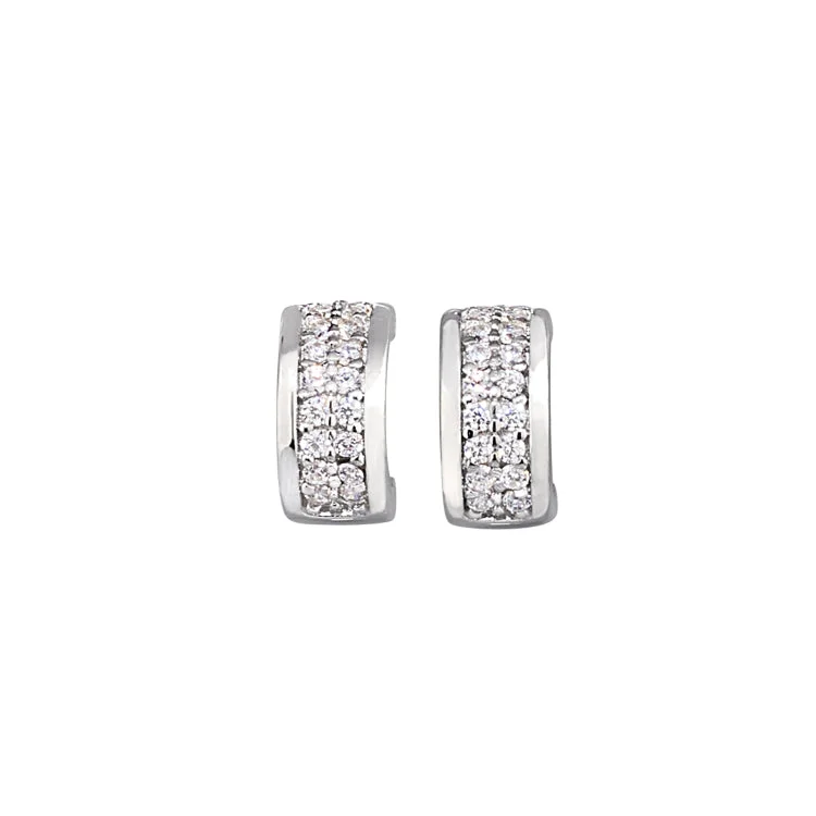 ladies earrings fashion-Platinum Finish Sterling Silver Micropave Huggie Earrings with 2 rows of Simulated  Diamonds