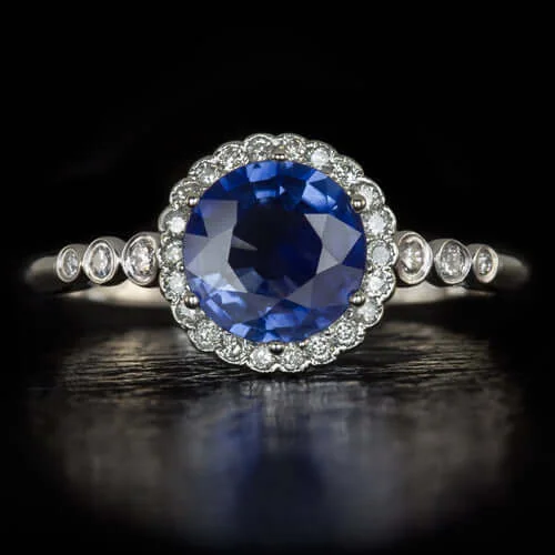 heart-shaped engagement rings -1.22ct NATURAL ROYAL BLUE SAPPHIRE ROUND DIAMOND HALO ENGAGEMENT COCKTAIL RING