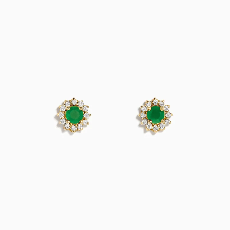 ladies earrings large-14K Yellow Gold Emerald and Diamond Stud Earrings, 0.72 TCW