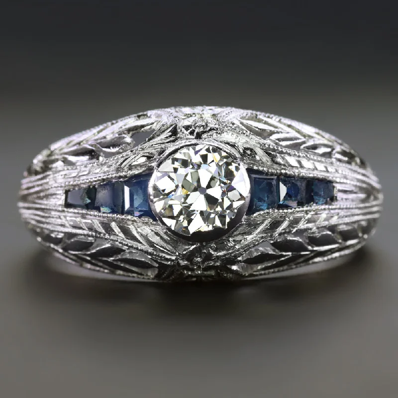 fair trade engagement rings -ART DECO DIAMOND SAPPHIRE ENGAGEMENT RING PLATINUM VINTAGE HAND ENGRAVED OLD CUT