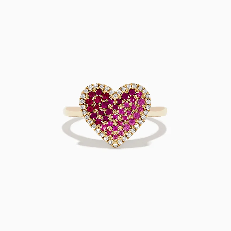 ladies rings limited edition-Novelty 14K Yellow Gold Pink Sapphire, Ruby and Diamond Heart Ring