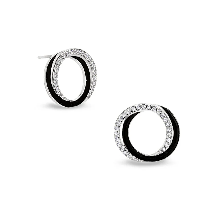 ladies earrings closed-Platinum Finish Sterling Silver Micropave Double Open Circle Earrings with Black Enamel and Simulated Diamonds