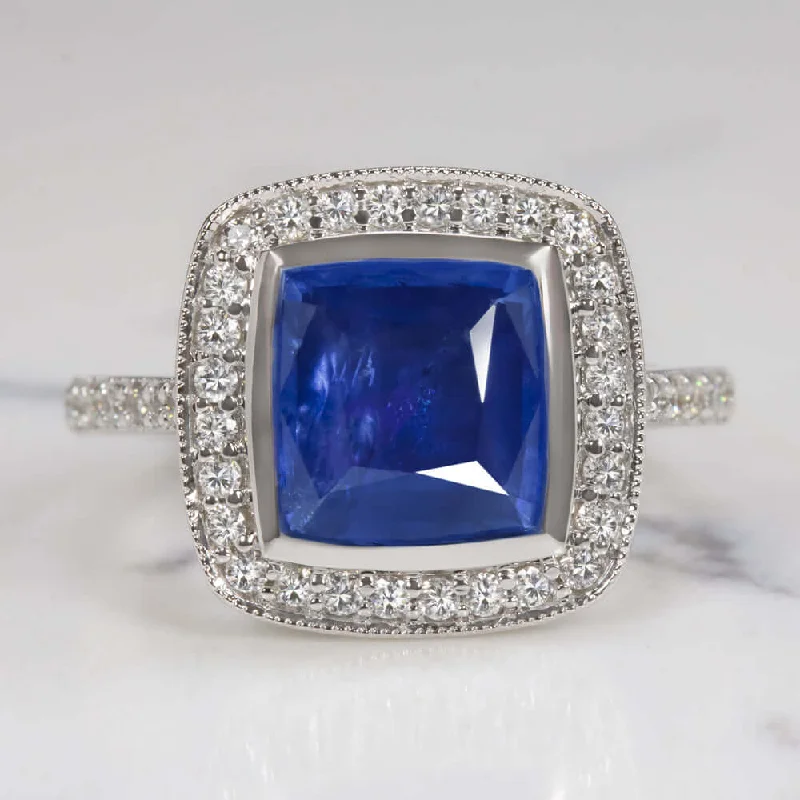 handcrafted engagement rings -3.5ct SAPPHIRE DIAMOND COCKTAIL RING HALO CUSHION SHAPE WHITE GOLD ENGAGEMENT