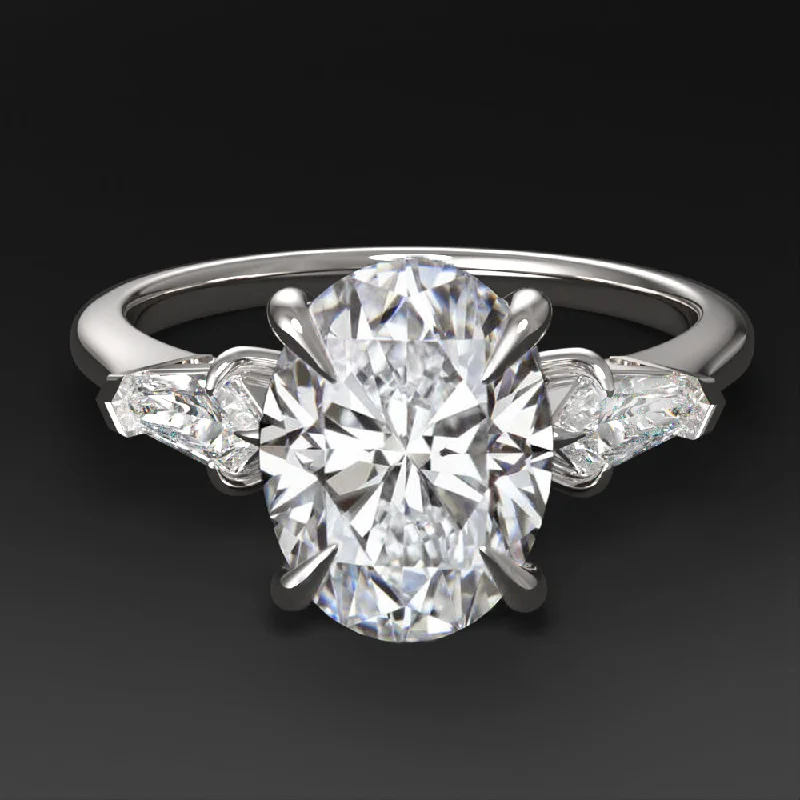 delicate engagement rings -2ct LAB CREATED DIAMOND ENGAGEMENT RING 3 STONE OVAL BULLET CUT 14k WHITE GOLD