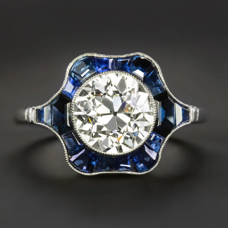 lab-grown diamond engagement rings -2.27ct OLD EUROPEAN CUT DIAMOND ENGAGEMENT RING SAPPHIRE PLATINUM VINTAGE STYLE