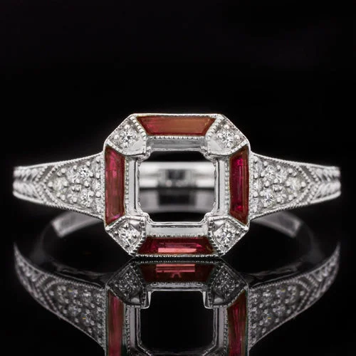 split shank engagement rings -VINTAGE STYLE DIAMOND RUBY SQUARE ENGAGEMENT RING SETTING ROUND CUSHION MOUNT