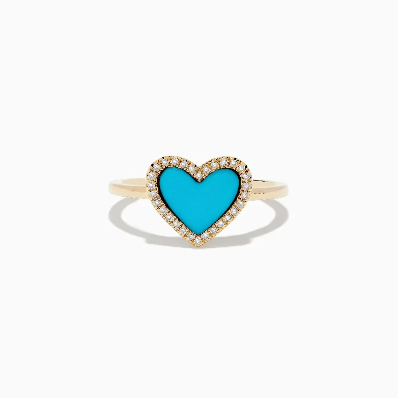 ladies rings minimalist-Turquesa 14K Yellow Gold Turquoise and Diamond Heart Ring