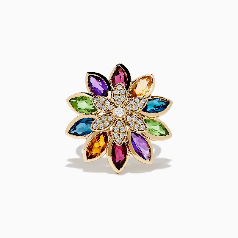 ladies rings trilogy-Mosaic 14K Yellow Gold Multi Stone and Diamond Flower Ring