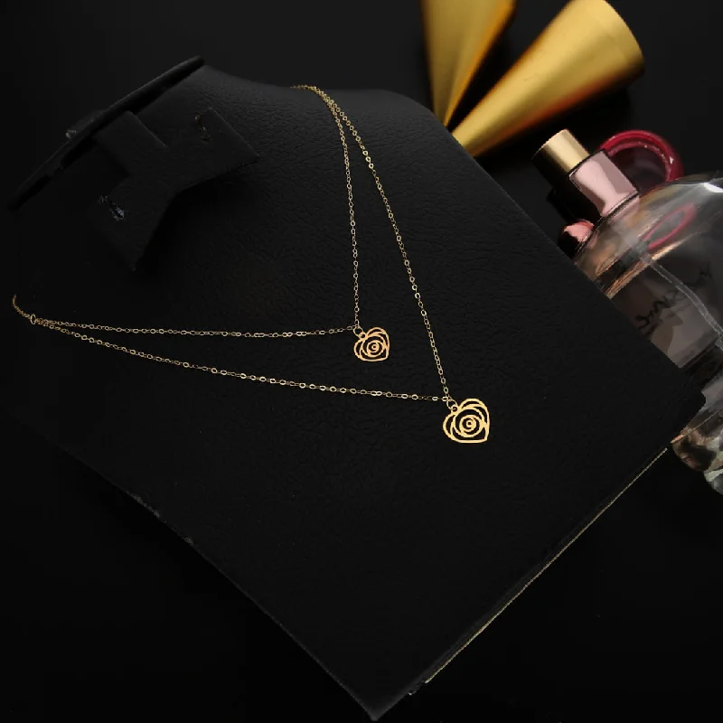 Ladies necklaces fate charm -Gold Double Layered Rose in Heart Shaped Necklace 21KT - FKJNKL21KM9788