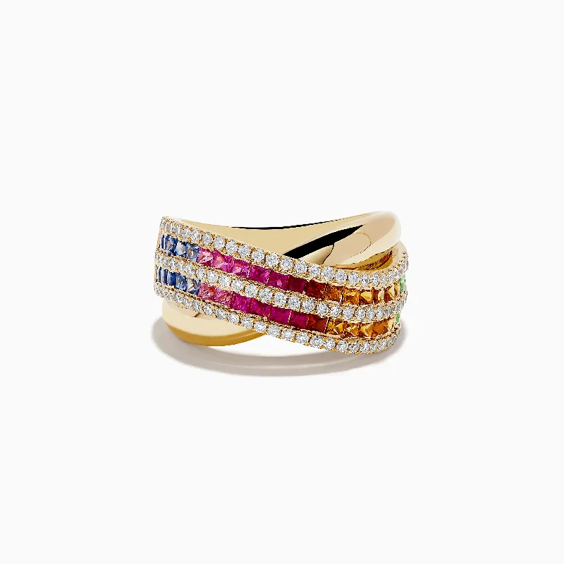 ladies rings tribal-Watercolors 14K Gold Multi Sapphire and Diamond Crossover ring