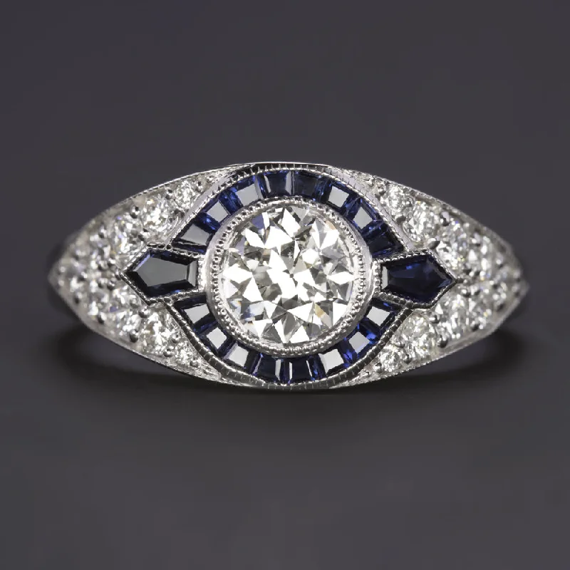 affordable engagement rings -DIAMOND SAPPHIRE ENGAGEMENT RING OLD EUROPEAN CUT VINTAGE STYLE HALO WHITE GOLD