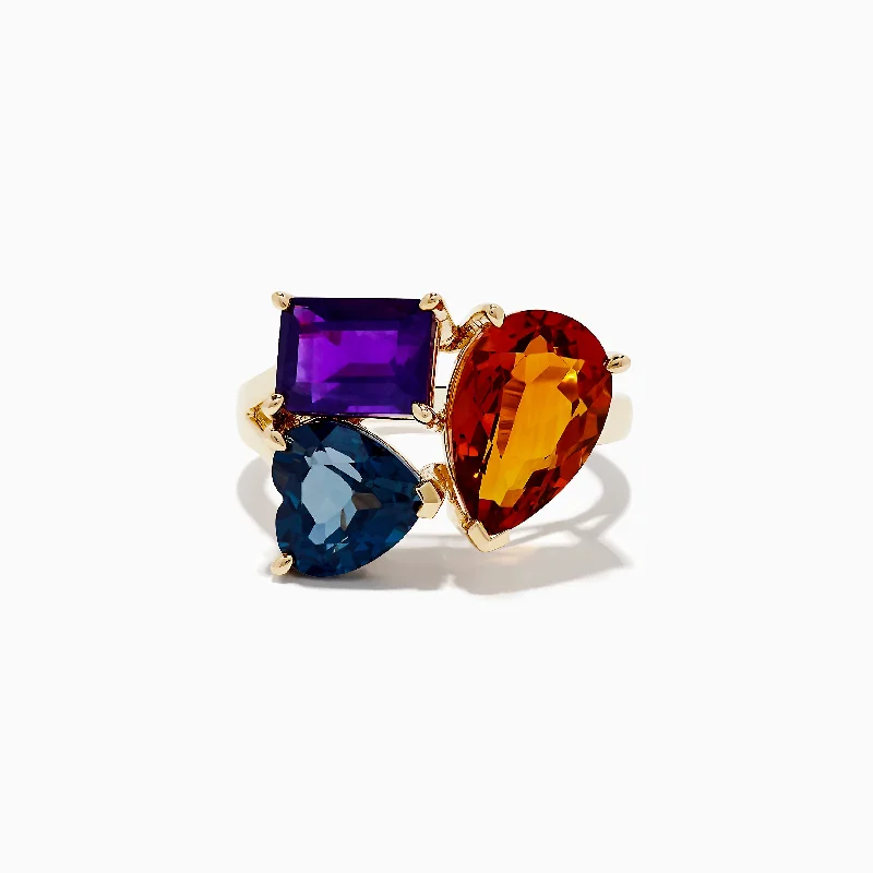 ladies rings vintage style-14K Yellow Gold Amethyst, London Blue Topanz and Citrine Ring