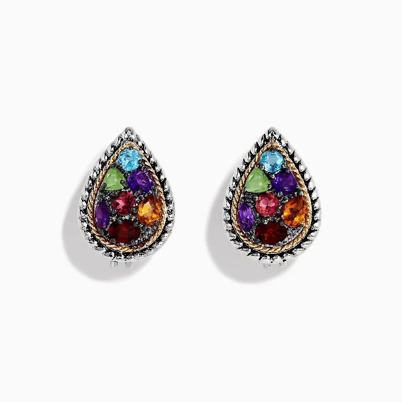 ladies earrings engraved-925 Sterling Silver Multi Stone Pear Shaped French Clip Earrings