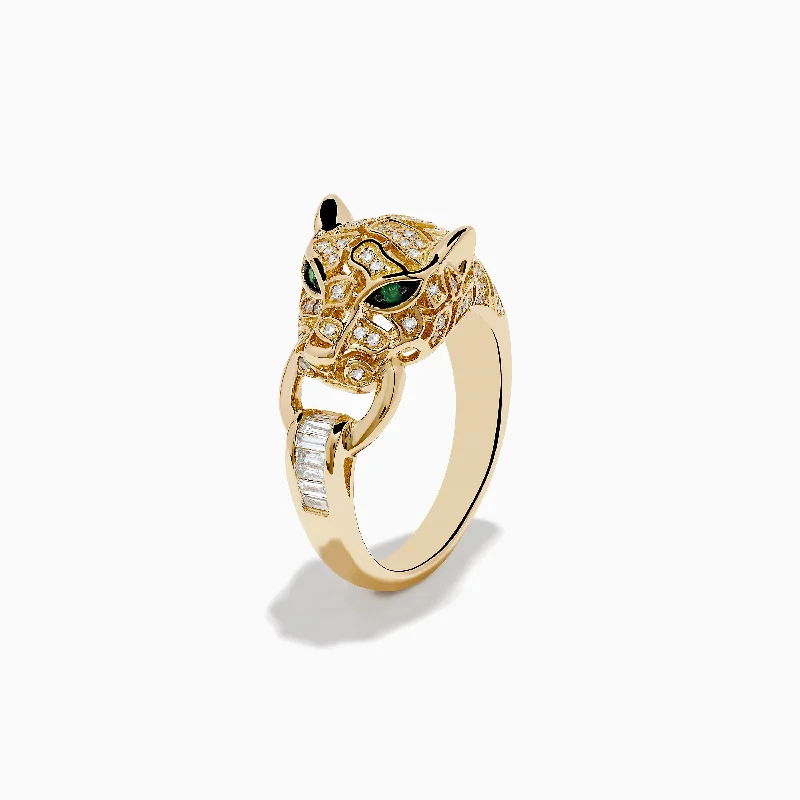 ladies rings mother’s day-Signature 14K Yellow Gold Diamond and Emerald Panther Ring