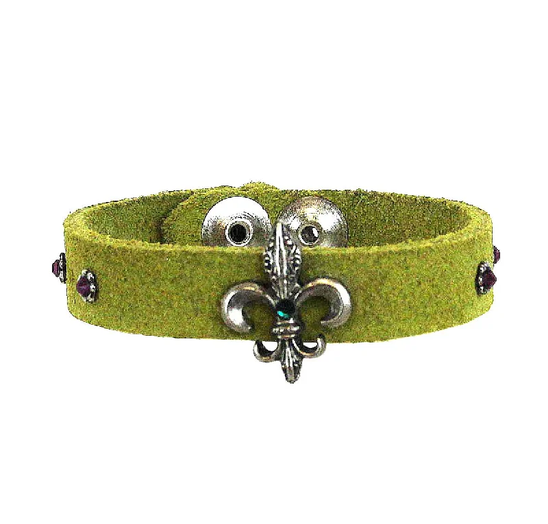 Ladies bracelets platinum shine bracelet -Fleur De Lis Leather Bracelet .55" Green Suede