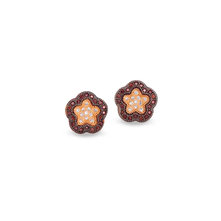 ladies earrings sale-Black Rhodium & Gold Finish Sterling Silver Micropave Flower Earrings with 62 Brown and White Simulated Diamonds