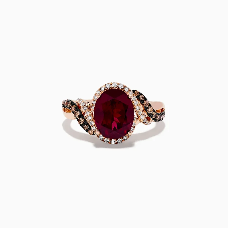 ladies rings baguette-Bordeaux 14K Rose Gold Rhodolite Garnet, Espresso and White Diamond Ring