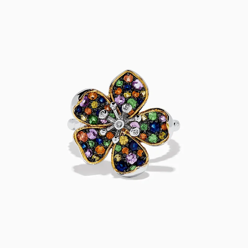 ladies rings cross-Splash Sterling Silver Diamond and Mulit Sapphires Flower Ring