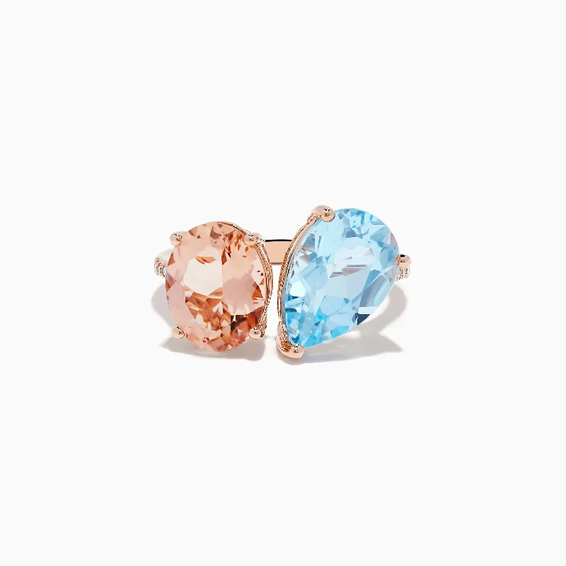 ladies rings emerald cut-14K Rose Gold Blue Topaz, Morganite, and Diamond Toi Et MoiRing