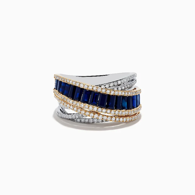 ladies rings edwardian-Royal Bleu 14K White & Yellow Gold Sapphire and Diamond Criss Cross Ring