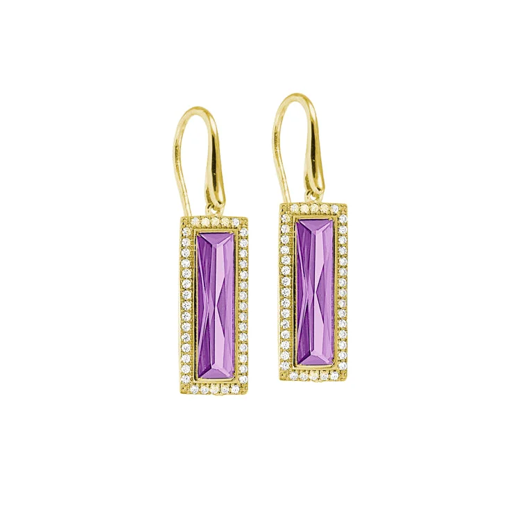 ladies earrings symmetrical-Gold Finish Sterling Silver Earrings with Rectangular Simulated Light Amethyst Stones and Simulated Diamonds