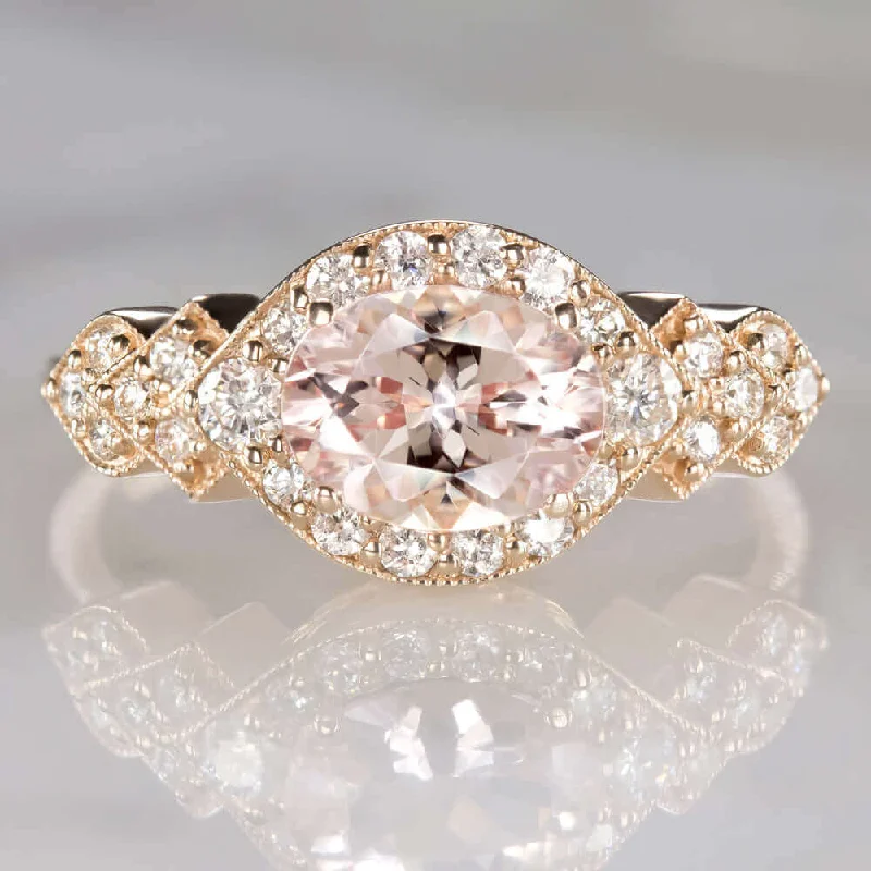 round cut engagement rings -1ct MORGANITE .37ct DIAMOND EAST WEST RING ROSE GOLD ENGAGEMENT OVAL HALO MODERN