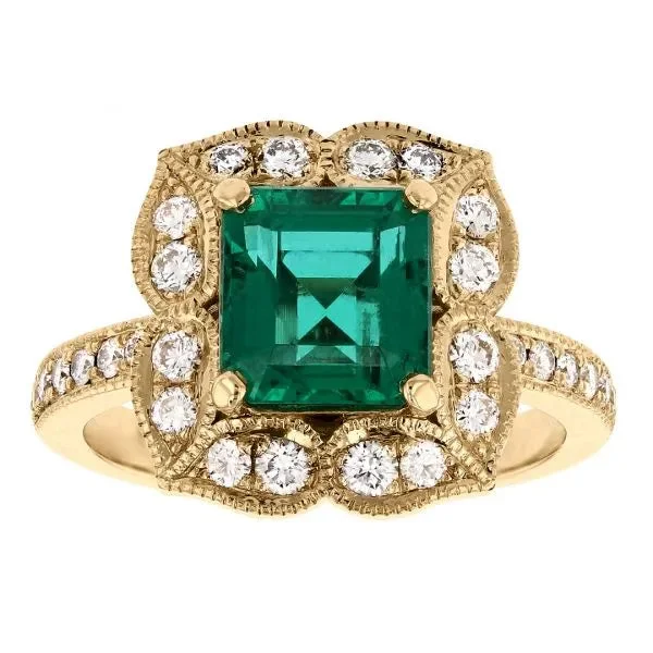 ladies rings retro design-Antique emerald ring with floral diamond halo