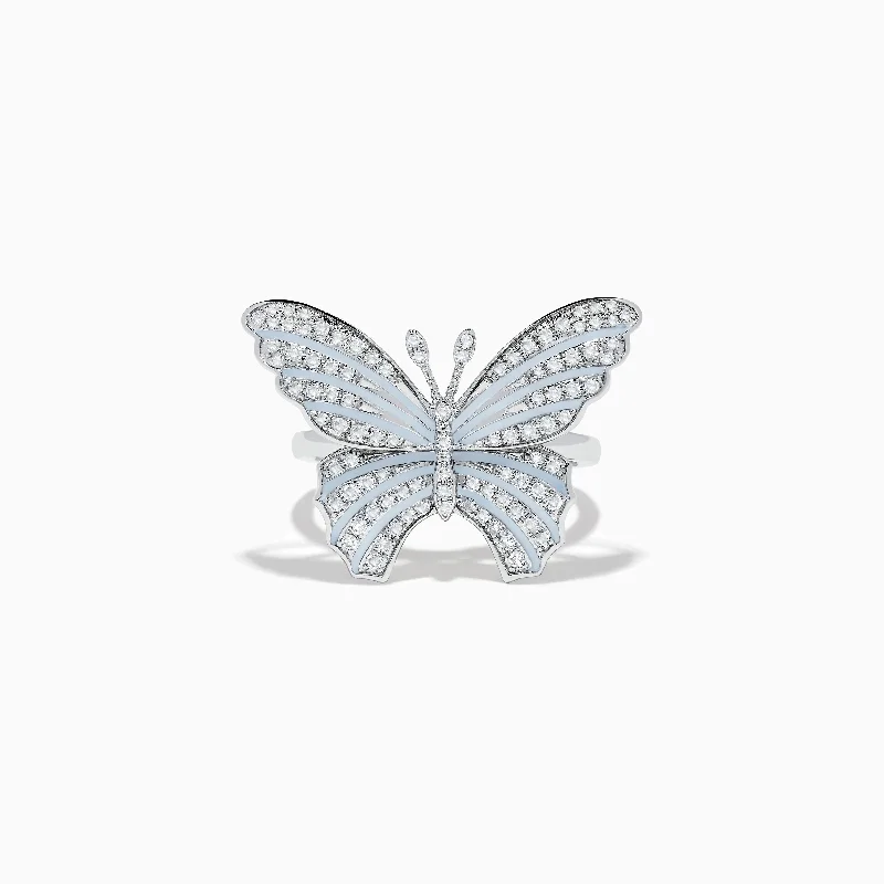 ladies rings emerald-Nature 14K White Gold Diamond with White Enamel Butterfly Ring