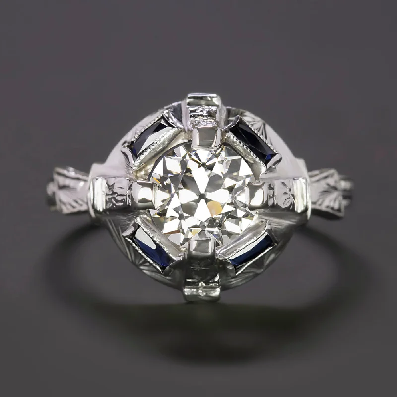 engraved engagement rings -1.15ct GIA CERTIFEID I VS2 DIAMOND SAPPHIRE ENGAGEMENT RING ART DECO VINTAGE 18K