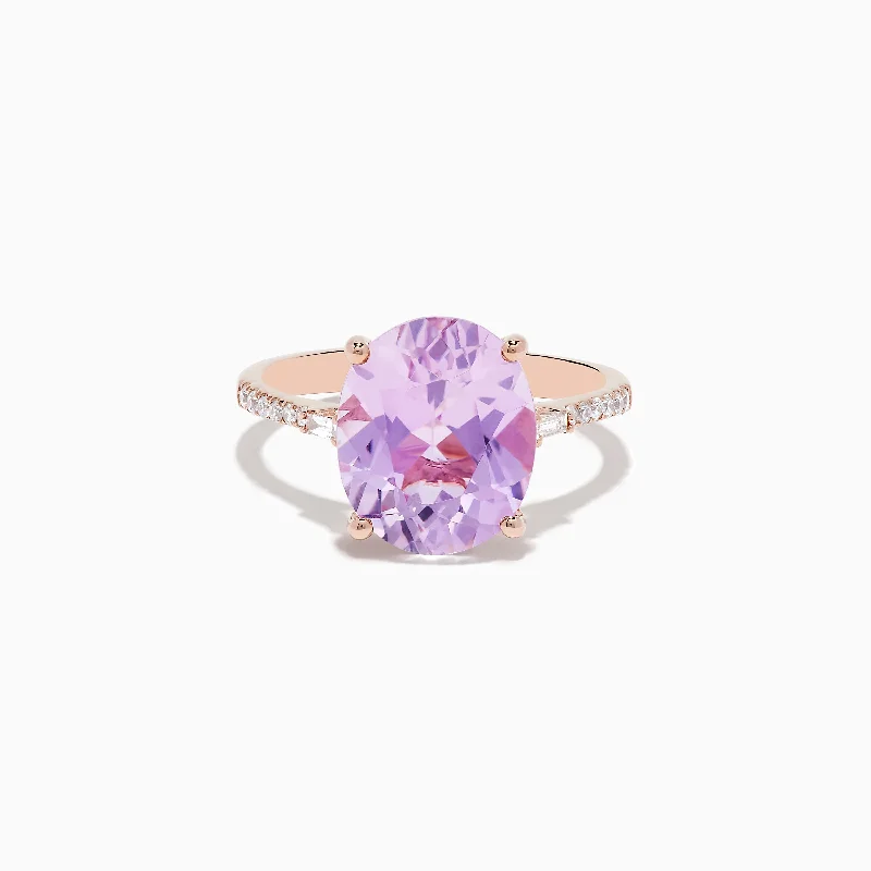 ladies rings baguette-14K Rose Gold Kunzite and Diamond Ring