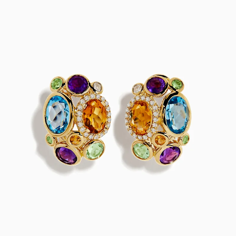 ladies earrings yellow-Mosaic 14K Yellow Gold Multi Gemstone Earrings