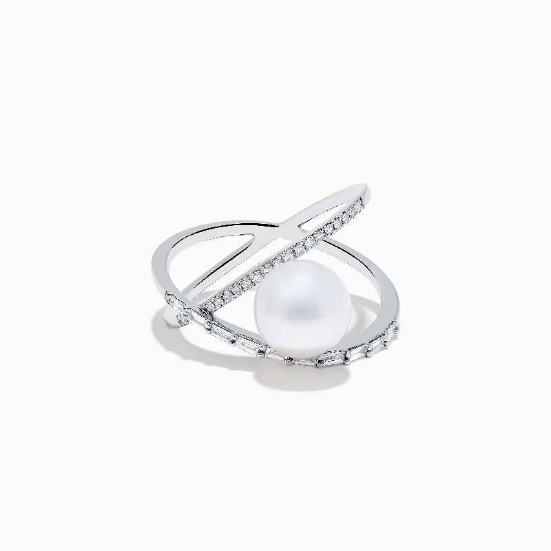 ladies rings stores-14K White Gold Fresh Water Pearl and Diamond Crossover Ring