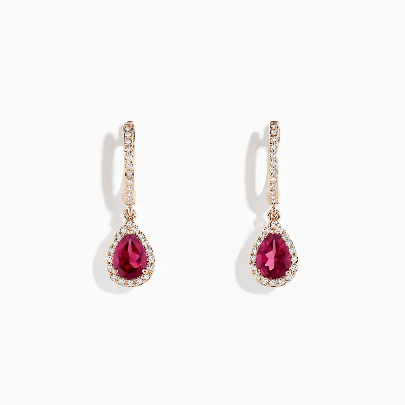 ladies earrings new-14K Rose Gold Rhodolite Garnet and Diamond Earrings, 1.75 TCW