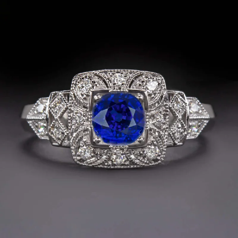 handcrafted engagement rings -NATURAL SAPPHIRE ART DECO STYLE DIAMOND ENGAGEMENT RING VINTAGE INSPIRED STYLE