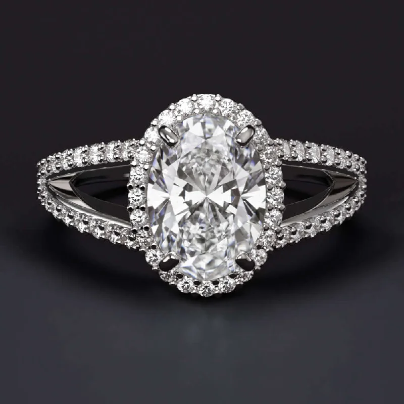 alternative engagement rings -1.5ct LAB CREATED DIAMOND ENGAGEMENT RING F VVS2 OVAL SHAPE CUT HALO SPLIT SHANK