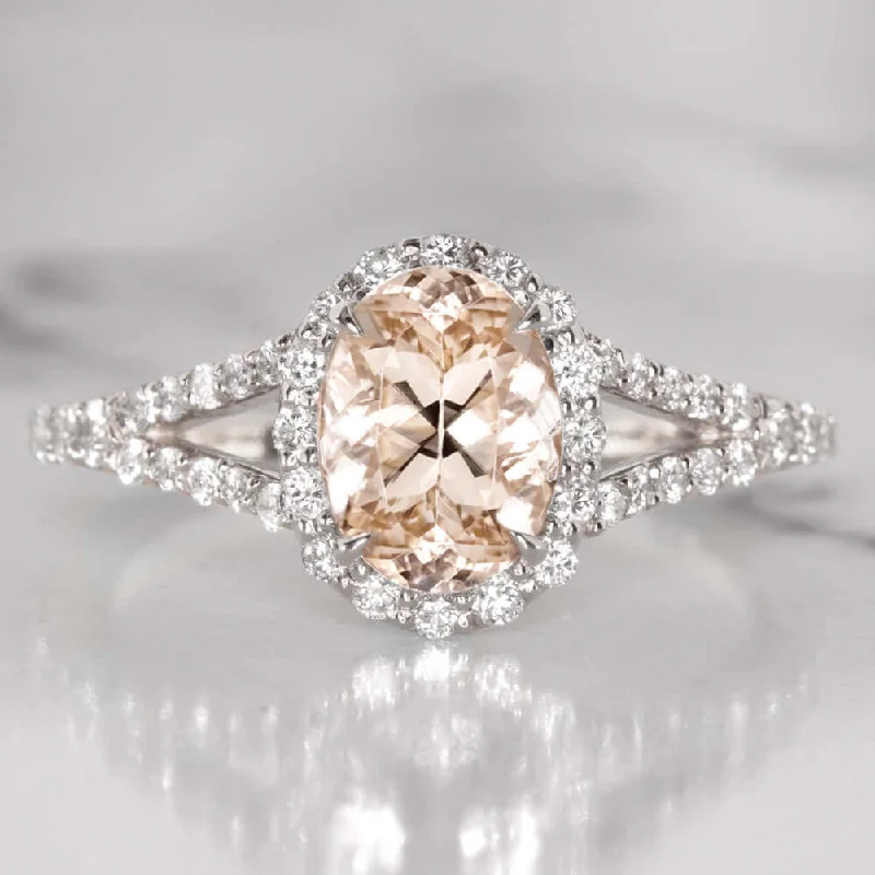 engraved engagement rings -1.23ct OVAL MORGANITE DIAMOND 0.42ct ENGAGEMENT RING HALO SPLIT SHANK WHITE GOLD