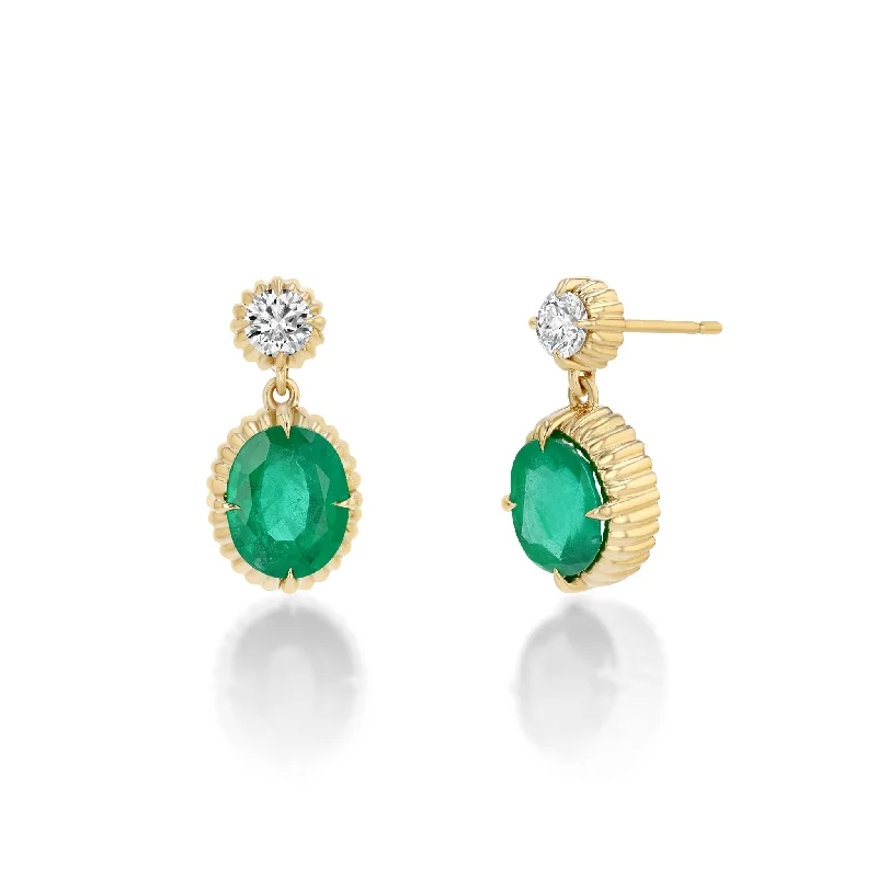 ladies earrings milestone-One of a Kind Oval Emerald and Round White Diamond Drop Earrings