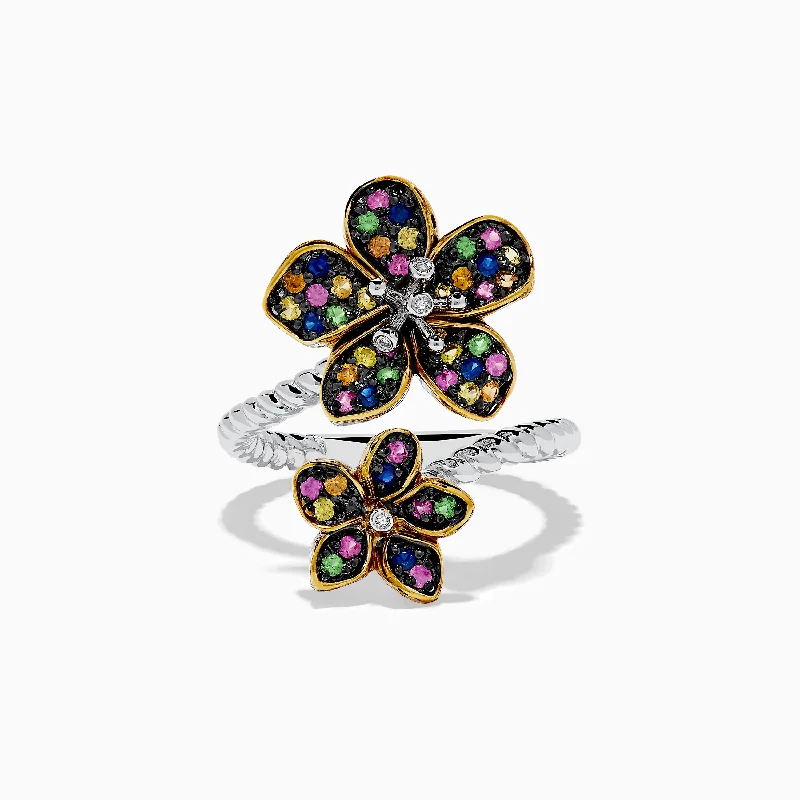 ladies rings symbolic-Splash Sterling Silver Diamond and Mulit Sapphires Flower Ring