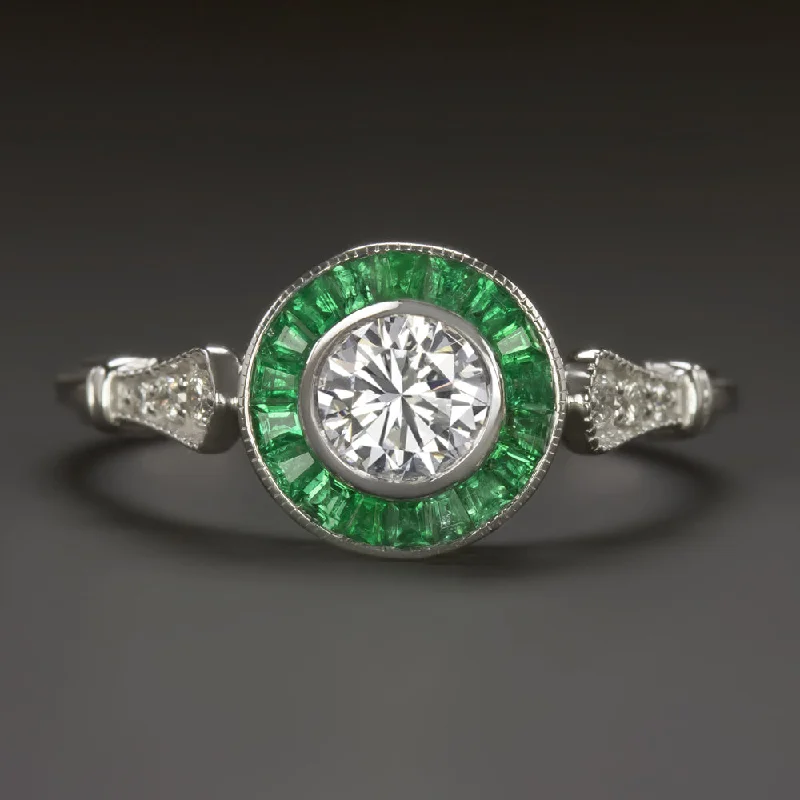 art deco engagement rings -ROUND CUT DIAMOND EMERALD ENGAGEMENT RING ART DECO VINTAGE STYLE TARGET HALO