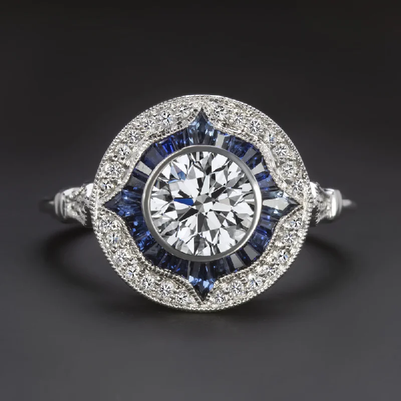 oval engagement rings -1ct LAB CREATED DIAMOND SAPPHIRE ENGAGEMENT RING VINTAGE STYLE ART DECO HALO