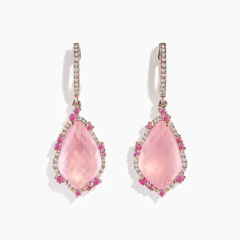 ladies earrings meaningful-14K Rose Gold Rose Quartz and Pink Sapphire Diamond Earrings