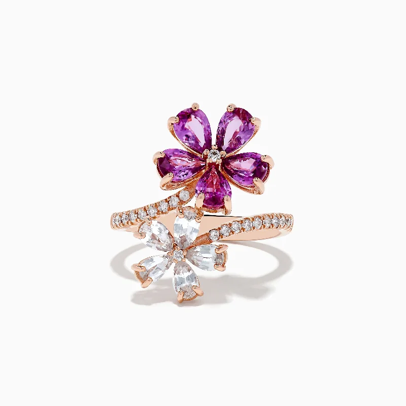 ladies rings stackable-Nature 14k Rose Gold Pink and White Sapphire Flower Diamond ring