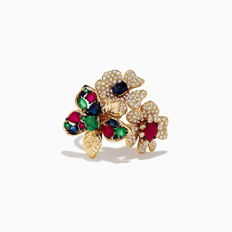 ladies rings storage-14K Yellow Gold Multi Stone Flower Ring