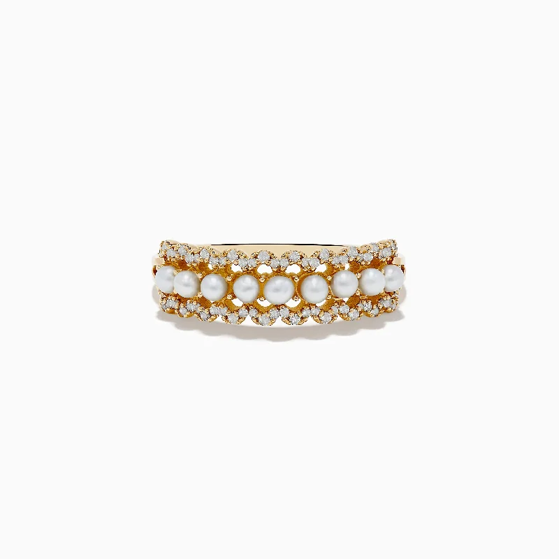 ladies rings seasonal-14K Yellow Gold Pearl and Diamond Ring