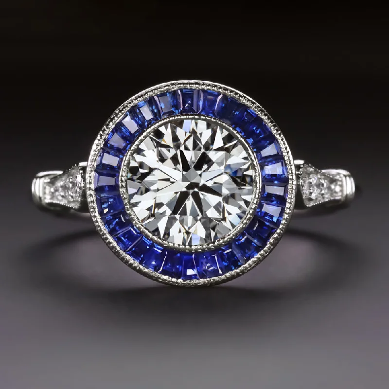 moissanite engagement rings -1.5ct DIAMOND SAPPHIRE ENGAGEMENT RING GIA CERTIFIED EXCELLENT CUT VINTAGE STYLE